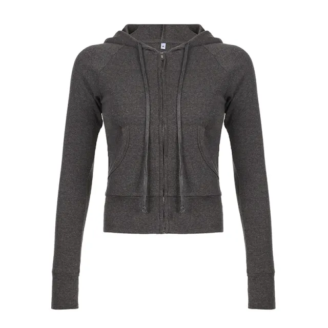 Womens Solid Color Ribbed Hoodie With Zippered Pockets And Panelled Design Gray - Shop at LoveMi