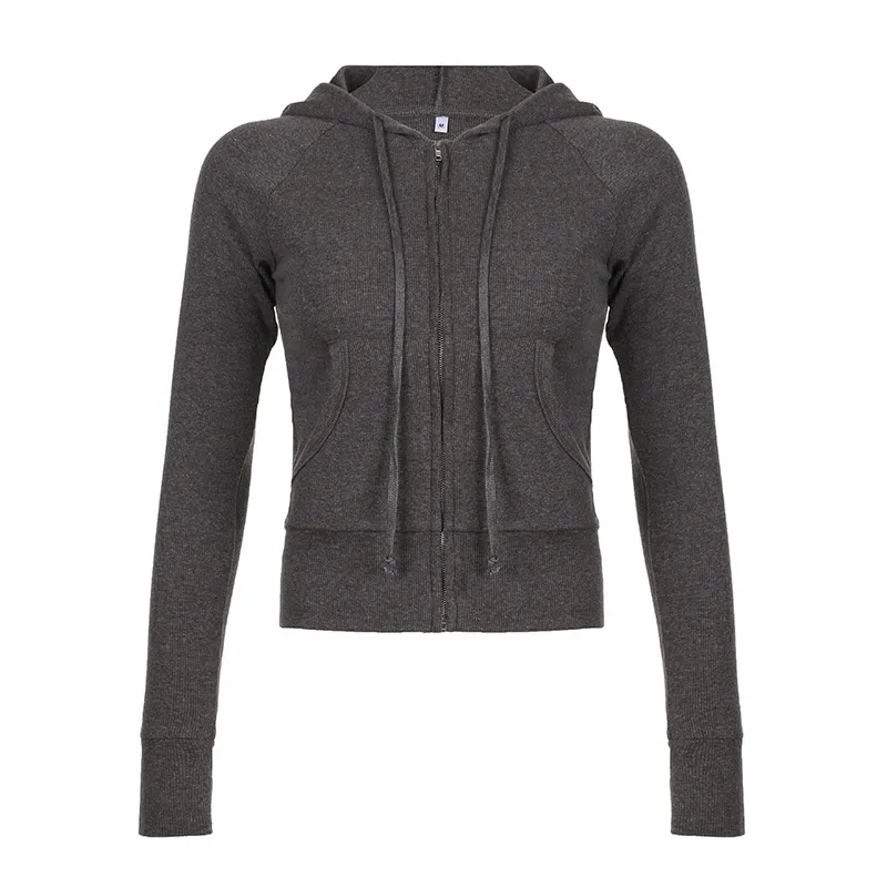 Womens Solid-Color Ribbed Hoodie With Zippered Pockets And Panelled Design - Gray