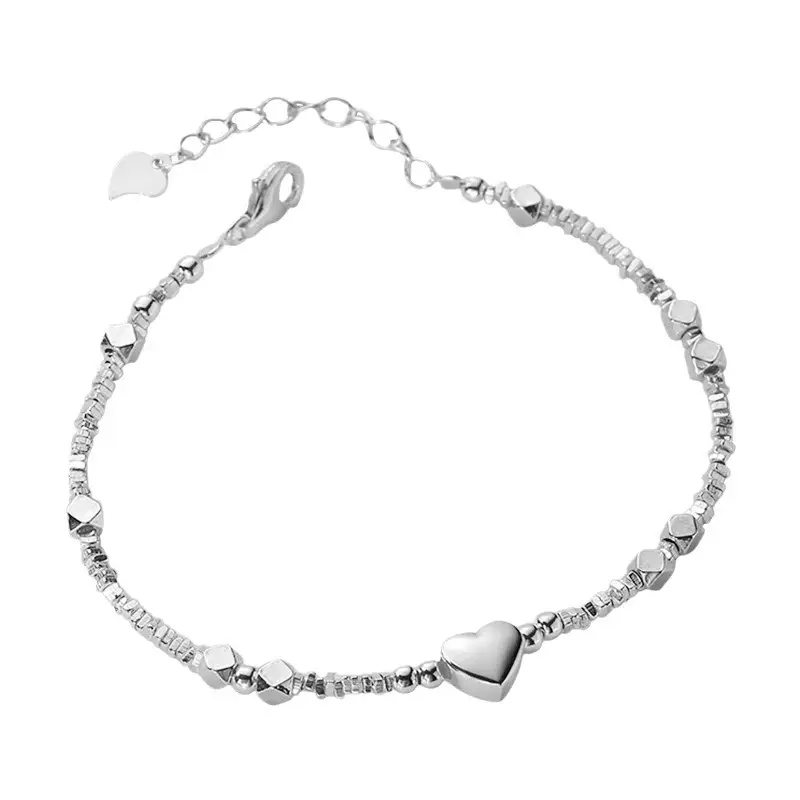 Women's Sterling Silver S925 Minimalist Design Elegant Heart Sliver Beads