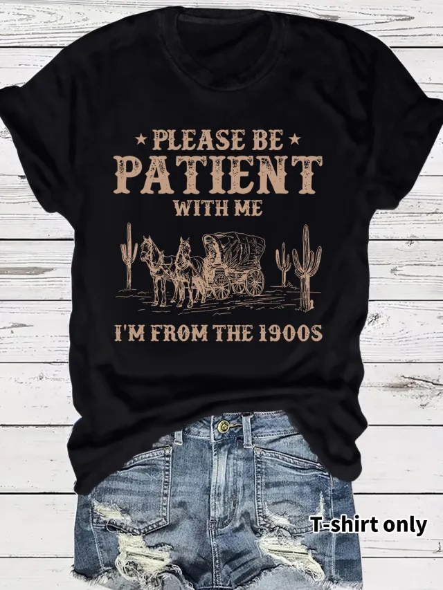 Western Denim Retro Pattern Round Neck Short Sleeve Black - Shop at LoveMi