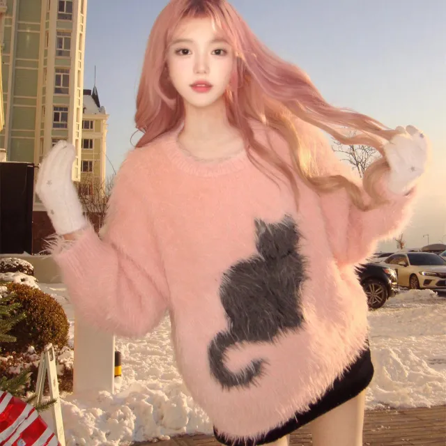 Women's Cat Jacquard Mink like Sweet Sweater Pink - Shop at LoveMi