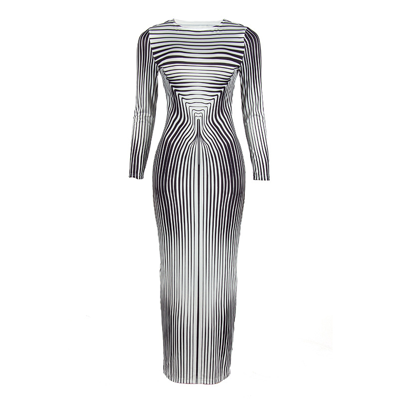 Striped Printed Slim Fit High Waist Long Dress