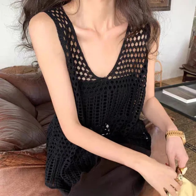 Korean Style Sense Of Design Hollow Loose Pure Desire Style Slimming Knitted Vest Black - Shop at LoveMi