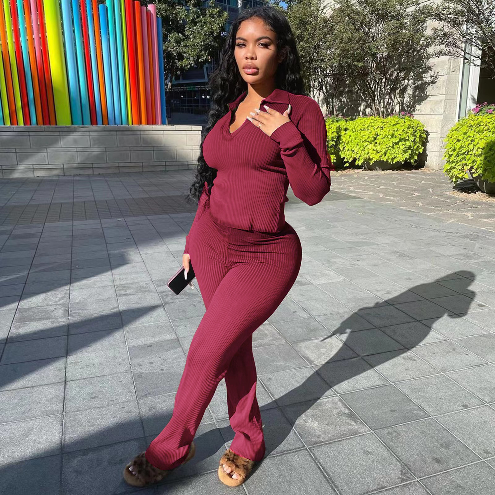 M20783 Women's Clothing Sunken Stripe Long Sleeve Temperament Commute Solid Color Two piece Set Wine - Shop at LoveMi