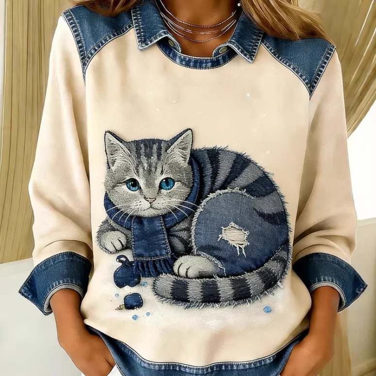 Womens Denim Crew-Neck 3D Digital Print V-Neck T-Shirt