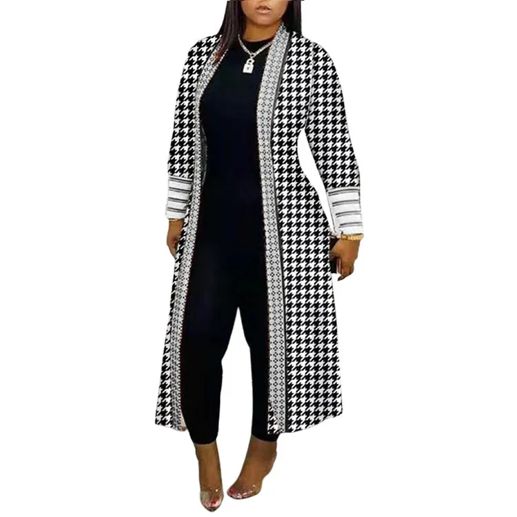 Coat Long Sleeve Stitching Loose Commuter Trench Coat - Houndstooth