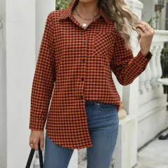 Loose Women's Long-sleeve Plaid Shirt - Orange Red - View 1