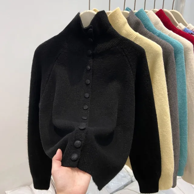 Women's Turtleneck Single breasted Cardigan Loose And Lazy Style Knitted Sweater Black - Shop at LoveMi