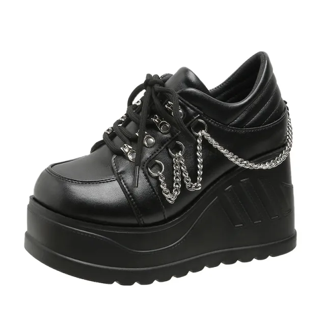 Height Increasing 9CM Thick Bottom Punk Women's Shoes New Genuine Leather Black - Shop at LoveMi