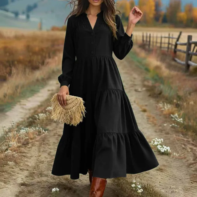 Elegant Western style long sleeved patchwork dress for spring and autumn Black - Shop at LoveMi