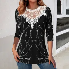 Lace Patchwork Round Neck Top Fashion Casual Printing Loose Long Sleeve Top Women - Black - View 1