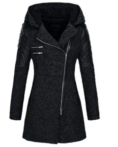 Women Warm Slim Full Zipper Coat Thick Woolen Coat Female Fall Winter Windbreaker Hooded Diagonal Zipper Women's Clothing - Black - View 1