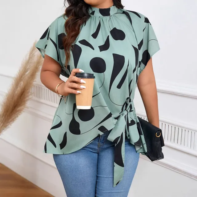 Fashion Women's Stand up Collar Asymmetric Print Waist tie Shirt Tan - Shop at LoveMi