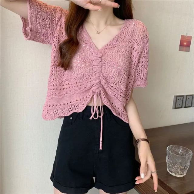 Drawstring V Neck Short Sweater Pink - Shop at LoveMi