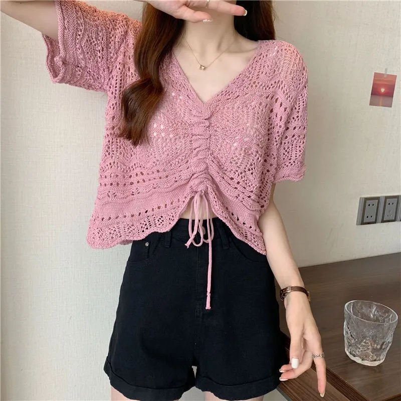 Drawstring V Neck Short Sweater - Pink