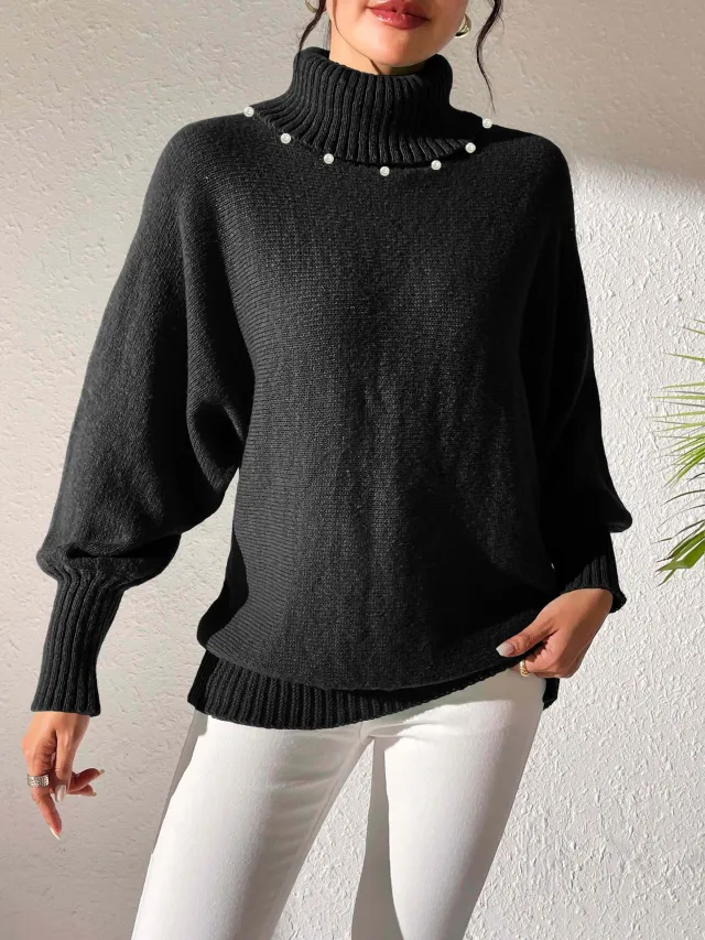 Women's Solid Color Simple Top Pearl Beaded Turtleneck Sweater Women's Base Shirt Black - Shop at LoveMi