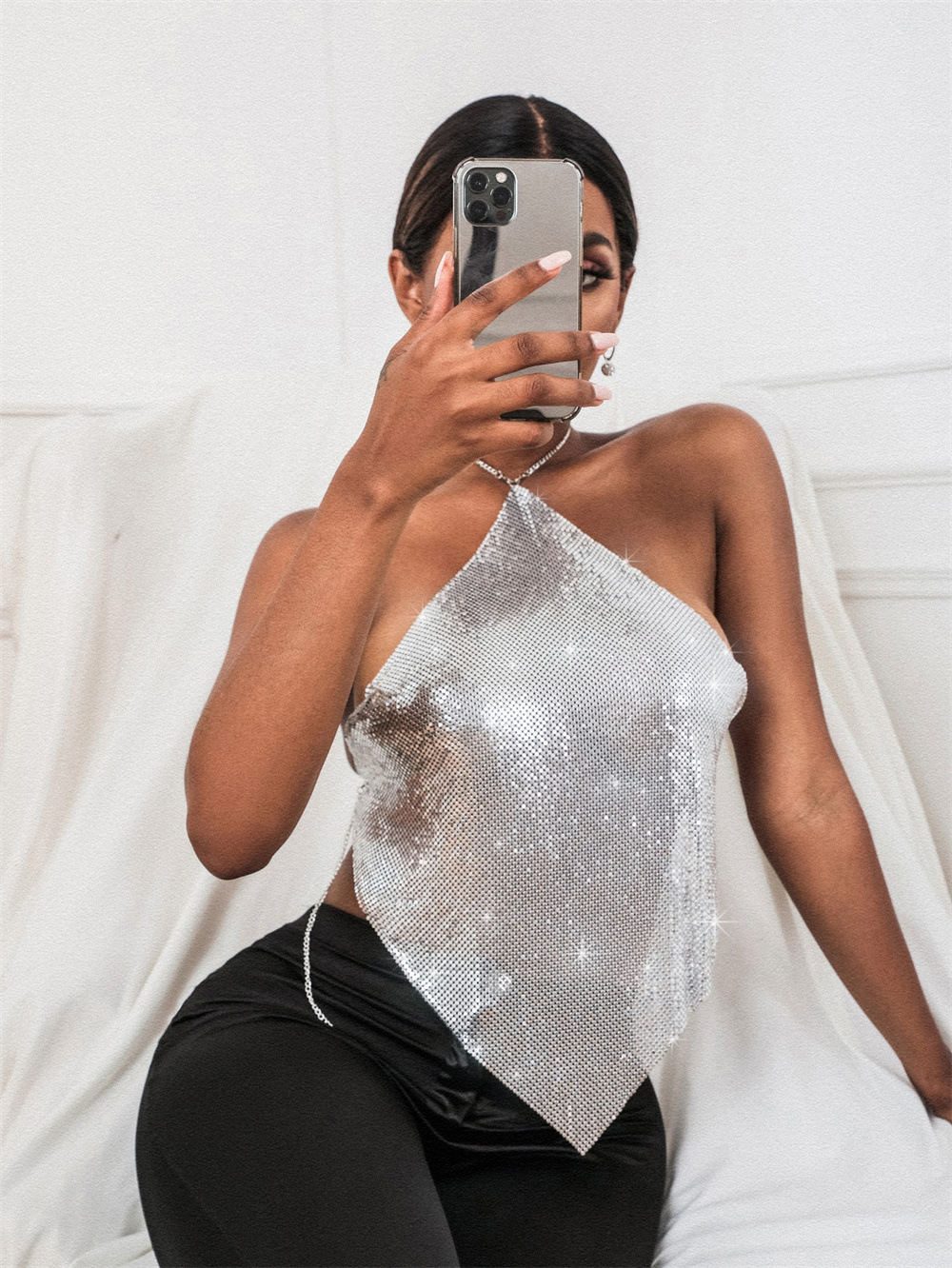 Women's Halter Sequined Metal Top