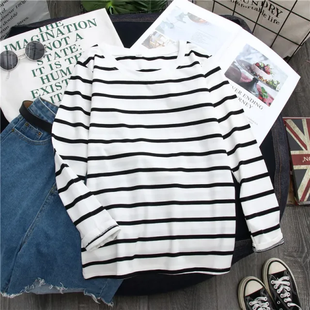 Black Striped Western Style Shirt Women's Long sleeved T shirt White - Shop at LoveMi