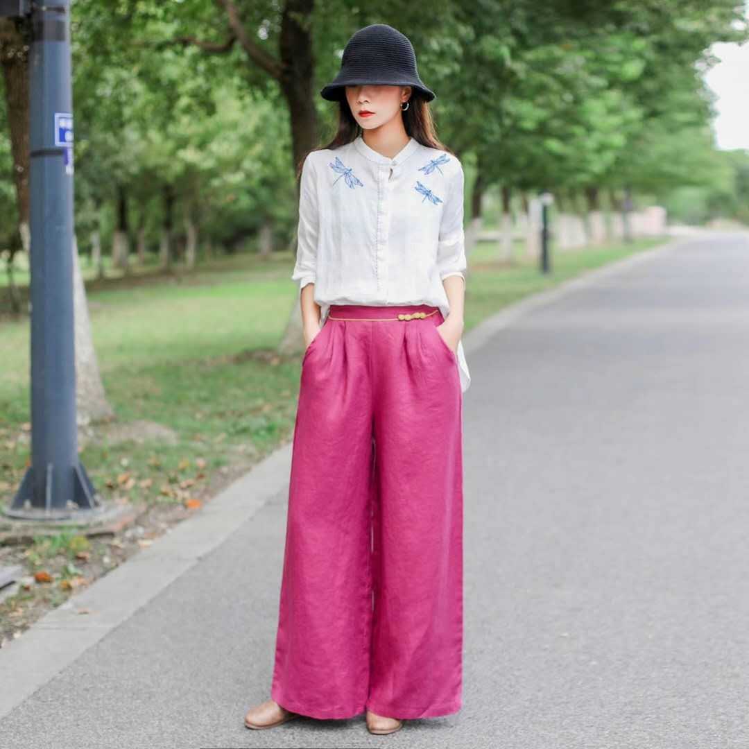 Title 19, Pantalon long en lin taille haute, ample et fin...