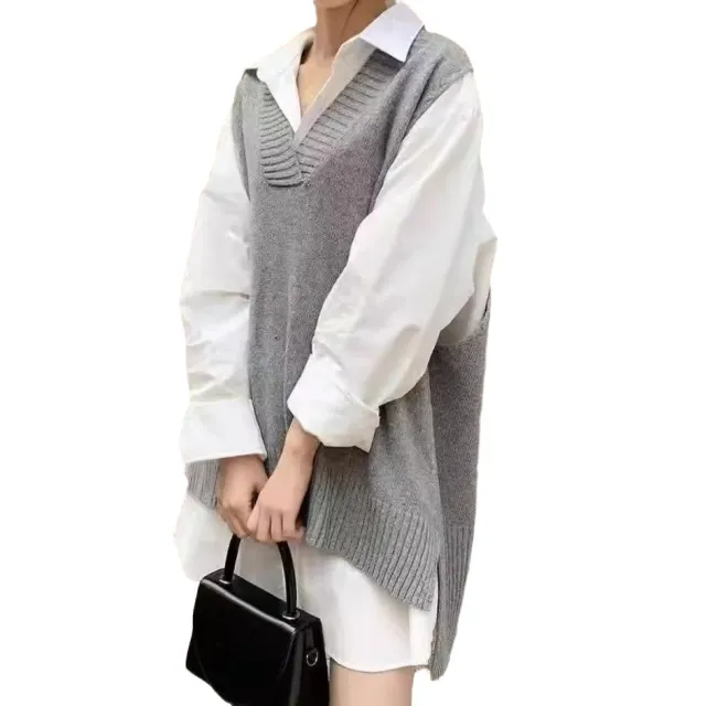 Large V neck Loose Solid Color Sleeveless Korean Style Knitted Vest Light Gray - Shop at LoveMi
