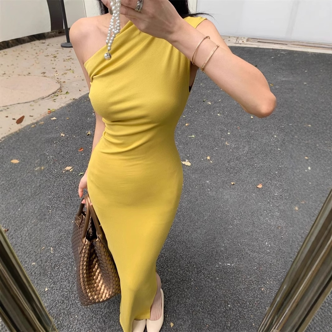 Turmeric Yellow Off-Shoulder Sleeveless Tank Dress For Women