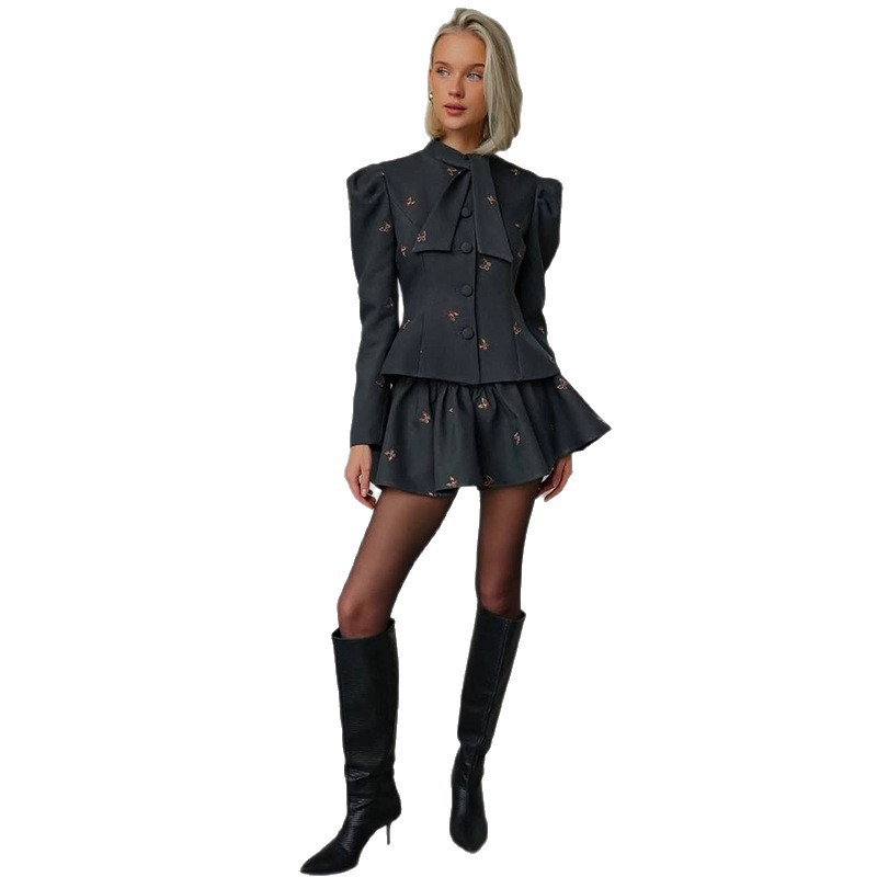 Womens Elegant Gray Commuter Dress Set With Floral Print And Long Sleeves