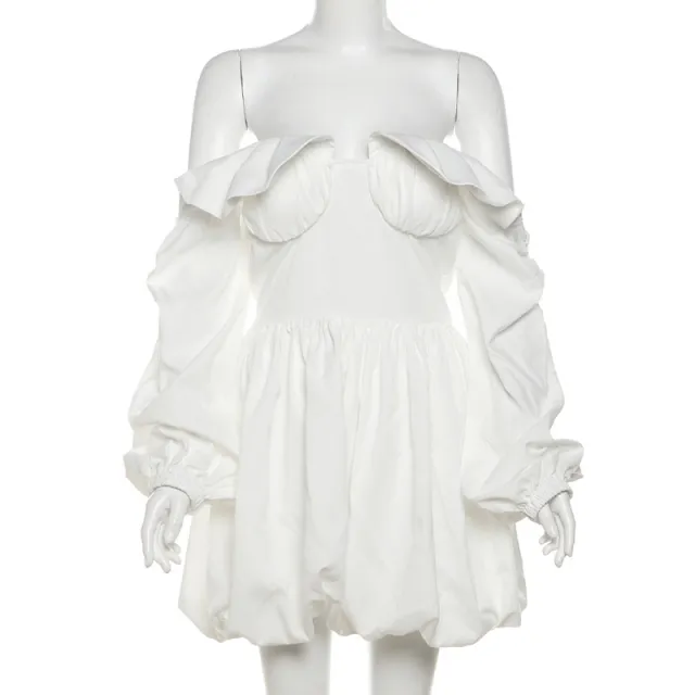 Autumn Fashion Sexy Puff Sleeve Off the shoulder Solid Color High Waist Skirt White - Shop at LoveMi