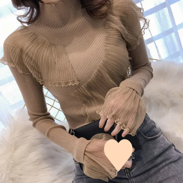 Women's Lace Patchwork Ruffled Sweater Khaki - Shop at LoveMi