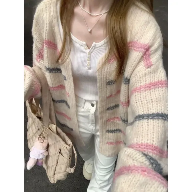 Sweet Idle Style Mid length Long Sleeve Sweater Women's Autumn And Winter Loose Collar Rainbow Pink - Shop at LoveMi