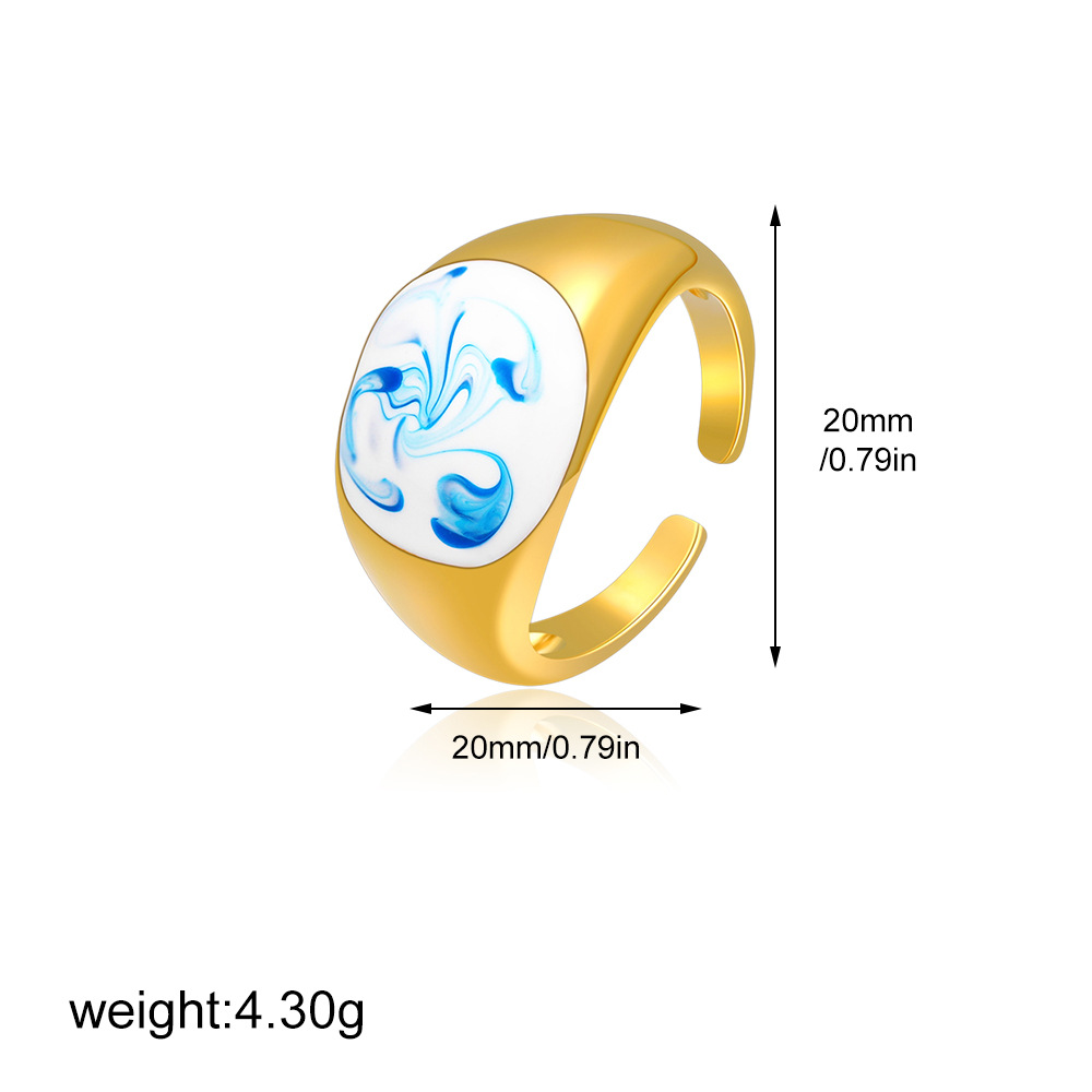 Vintage Enamel Oil-Blue And White Pattern Ring For Women