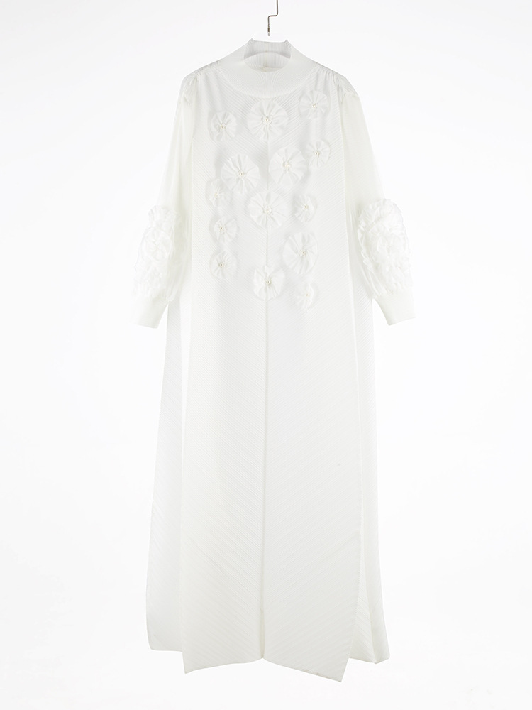 Pleated Long Dress Women's Solid Color Beading Applique Puff Sleeve