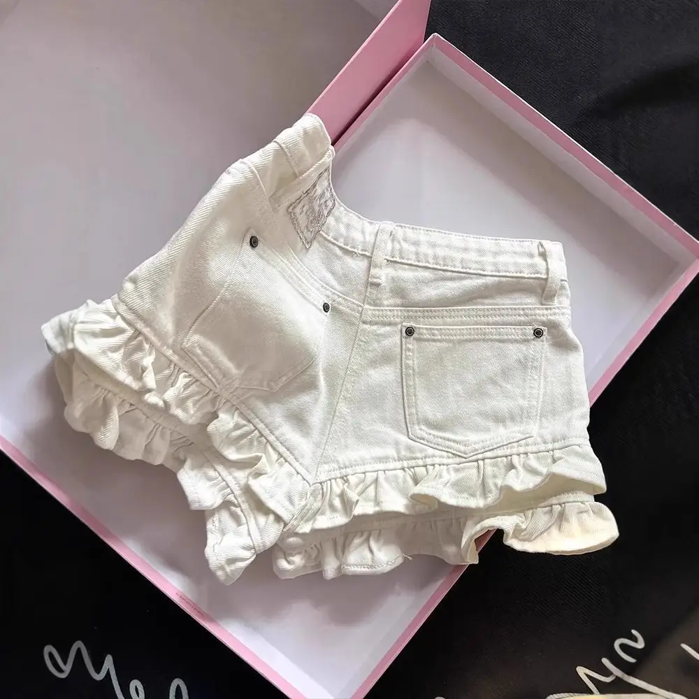 White Ruffled Panel Denim Shorts