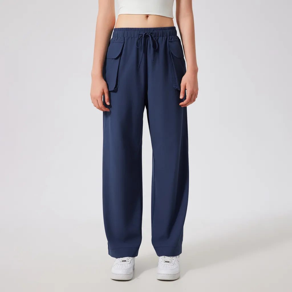 Women's Lightweight Quick-drying Fitness Yoga Pants Double Pocket Straight Cargo Casual Pants - Retro Blue