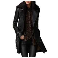 British Women's Fur Collar Leather Coat Mid-length - Black - View 1