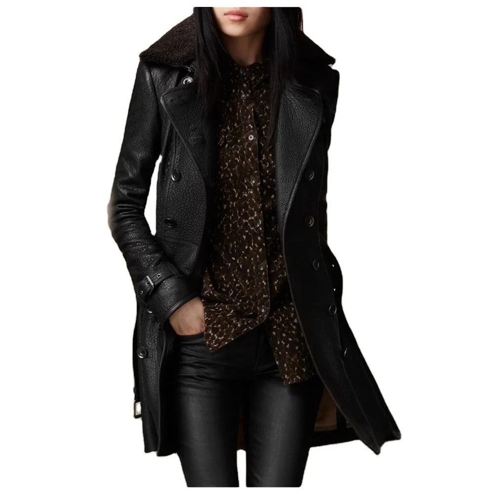 British Women's Fur Collar Leather Coat Mid-length - Black