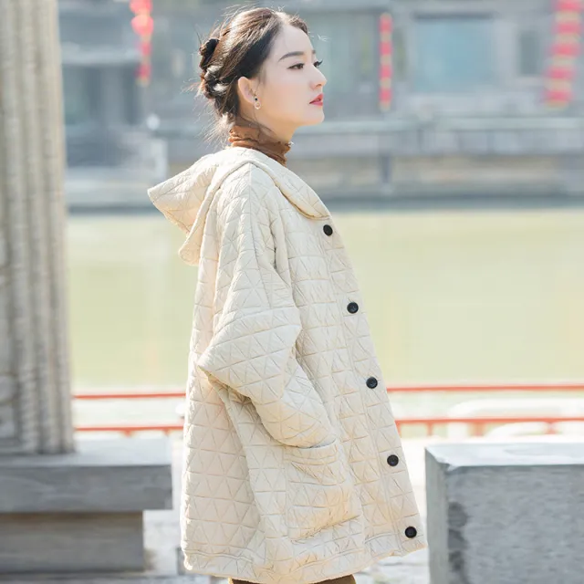 Women's Heavy Industry Geometric Quilted Plaid Puffer Jacket Beige - Shop at LoveMi