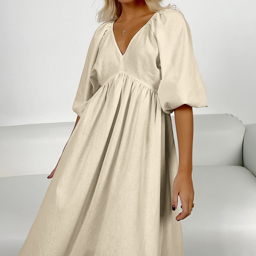 Cotton And Linen V-neck Half Sleeve Hollow-out Pullover Dress