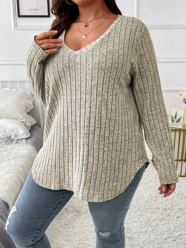 Top V neck Long Sleeve Sunken Stripe Brushed Loose Pullover Apricot - Shop at LoveMi