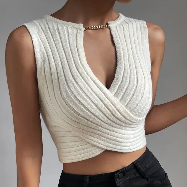 White Sleeveless Versatile Cross Knitted Short Sleeveless Vest Stitching Top White - Shop at LoveMi