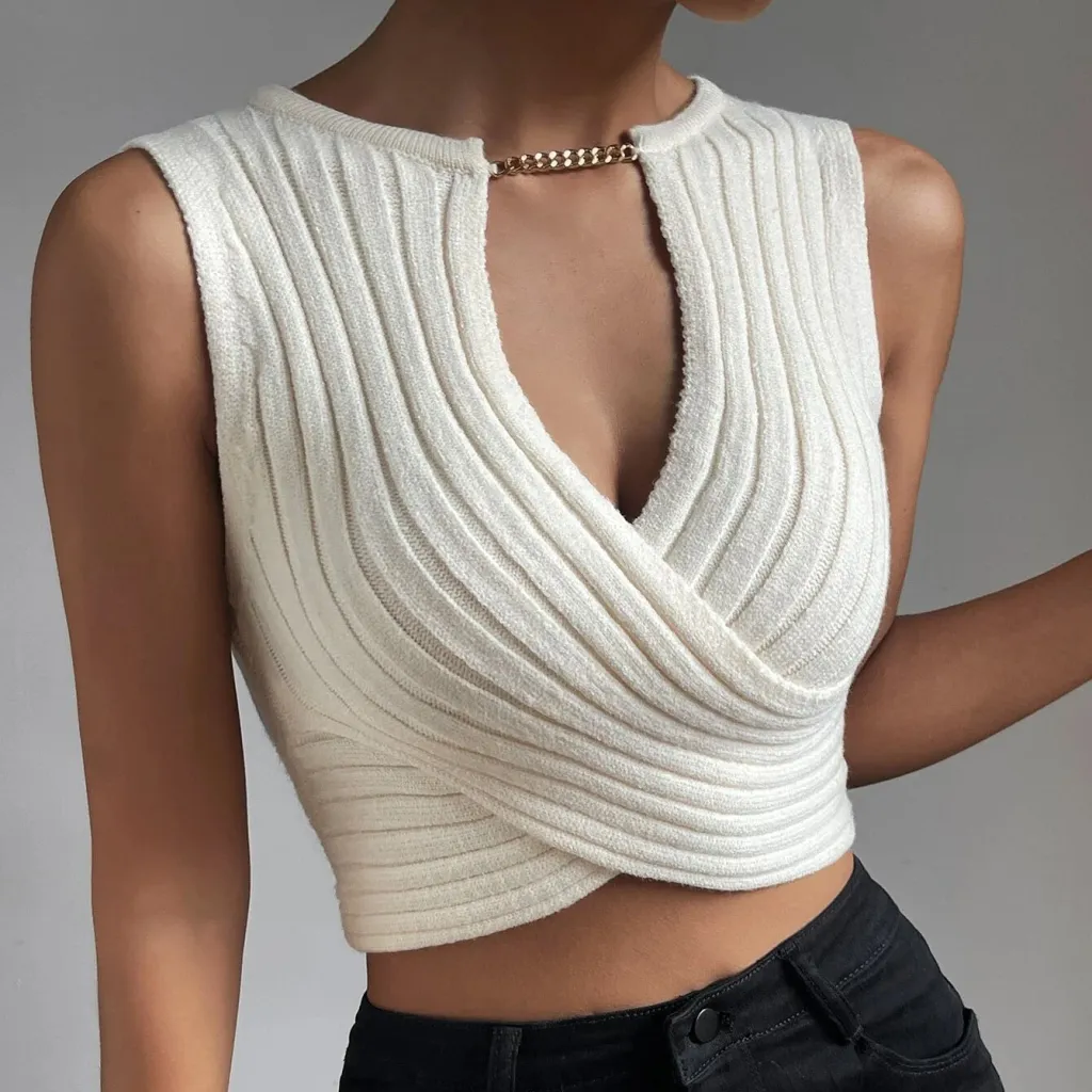 White Sleeveless Versatile Cross Knitted Short Sleeveless Vest Stitching Top - White