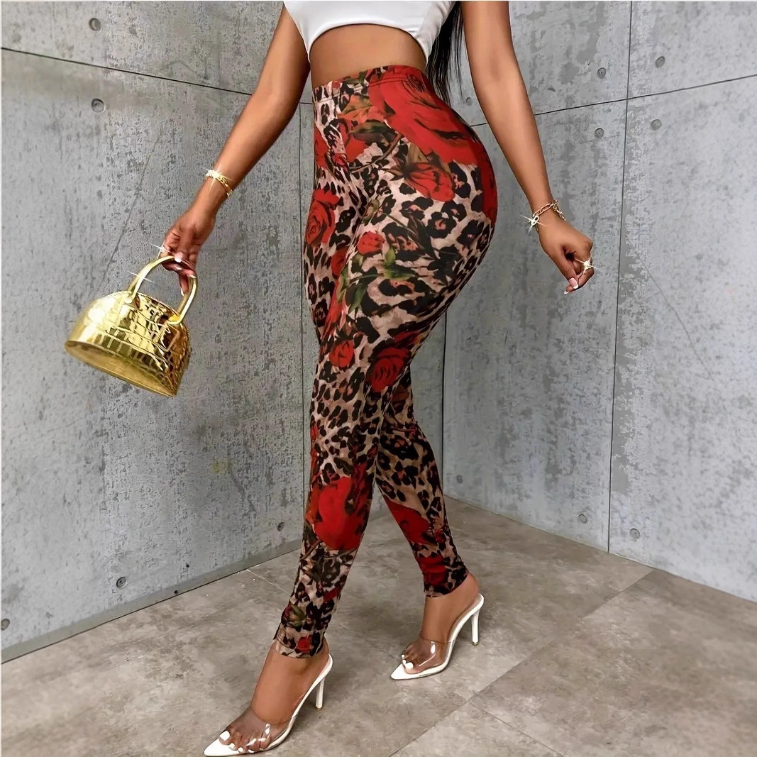 Womens Floral Print Stretchy Waist Leggings