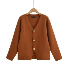 New Fashion Elegant Comfortable Commuter Metal Buckle Decoration V-neck Sweater Coat - Caramel - View 1