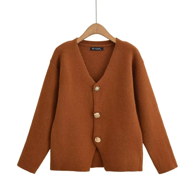 New Fashion Elegant Comfortable Commuter Metal Buckle Decoration V neck Sweater Coat Caramel - Shop at LoveMi