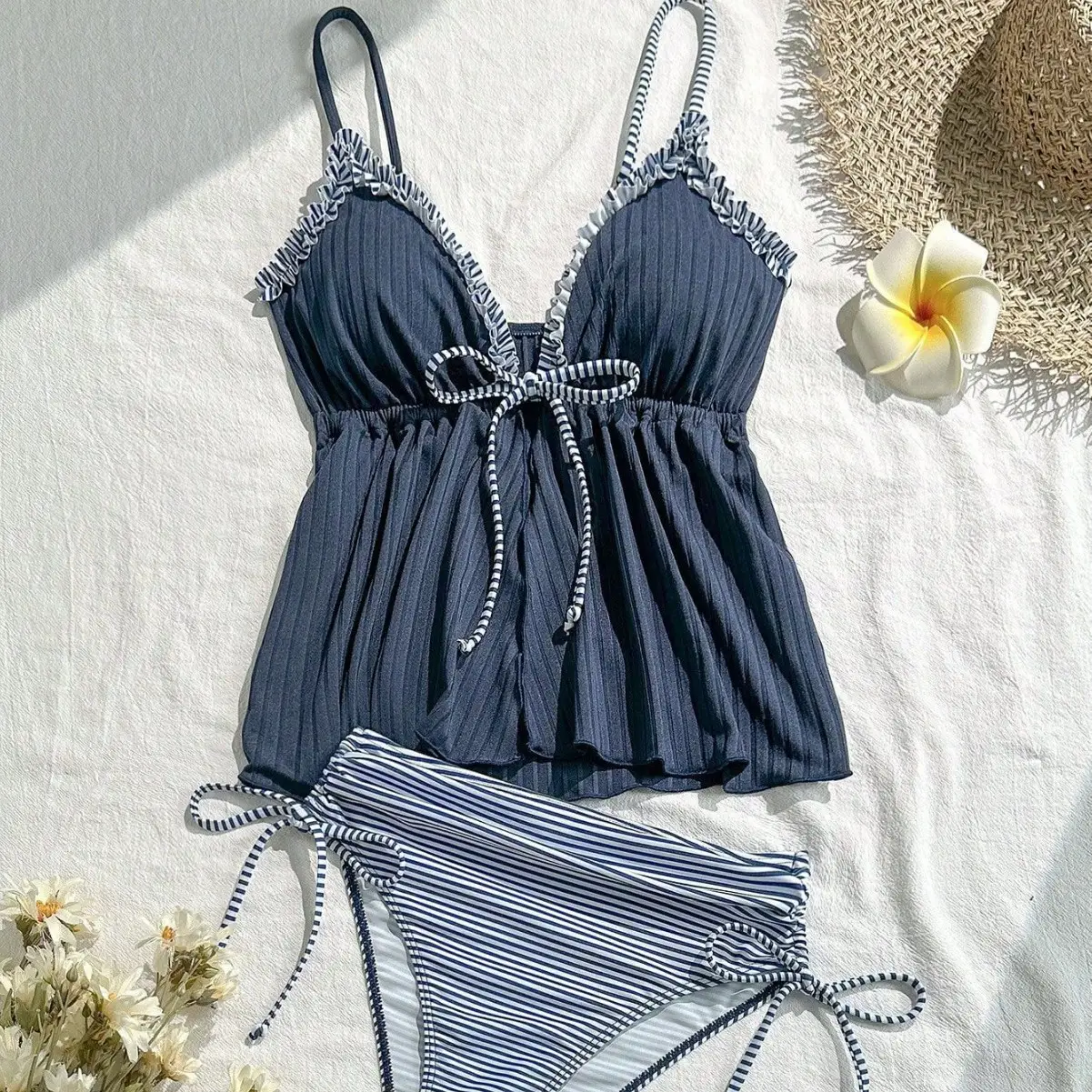 Lotus Leaf-trimmed Two-piece Swimsuit With Shoulder Straps And Lace-up Back
