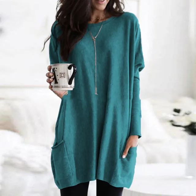 New Autumn Long Sleeve Casual Pocket T shirt Top For Women Blue - Shop at LoveMi