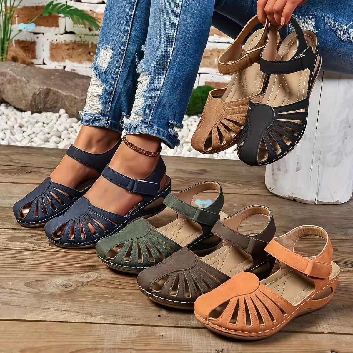 Plus-size Womens Hollow-out Velcro Wedge Sandals