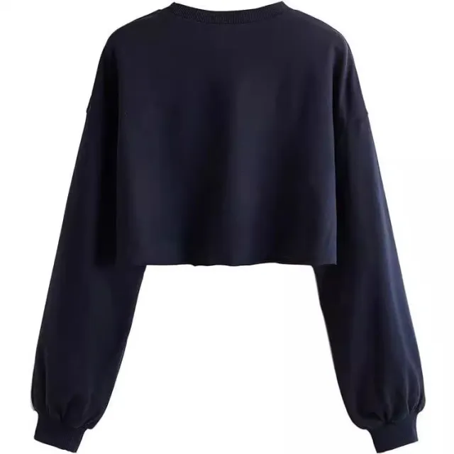 Women's Autumn And Winter New Solid Color With Fur Loose O neck Short Sweater Navy - Shop at LoveMi