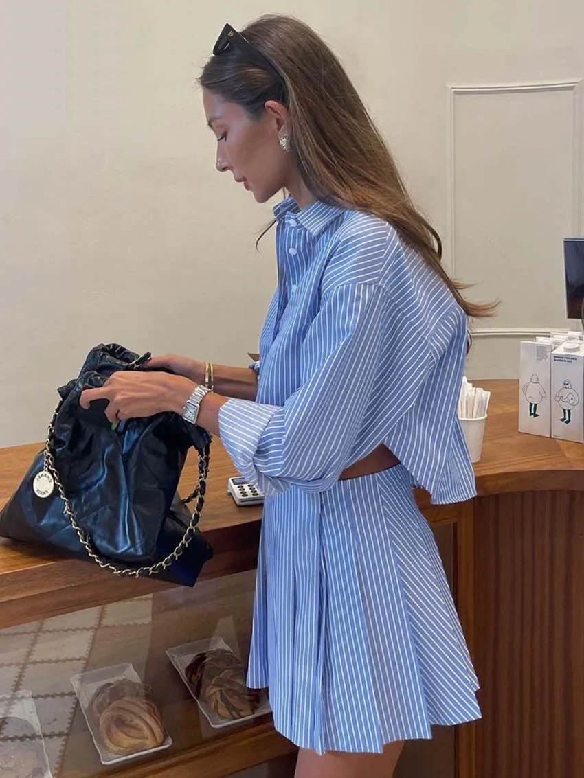 Elegant Blue Striped Women's Two-piece Set Fashion Long Sleeve - Image 5