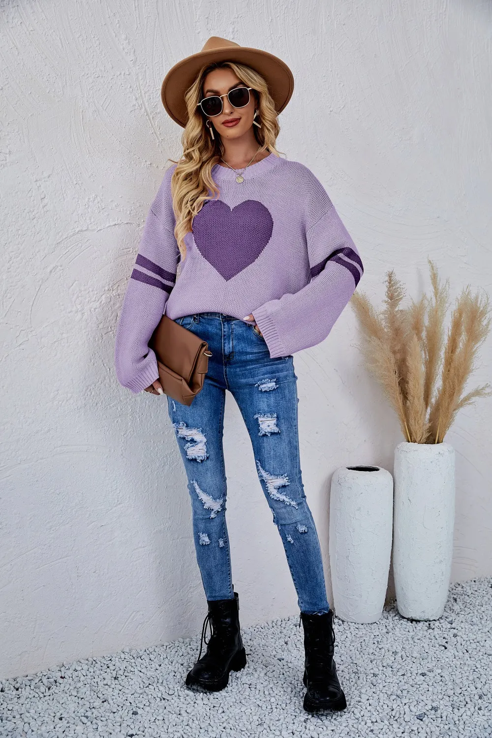 Women's Pullover Long Sleeve Love Sweater - Purple