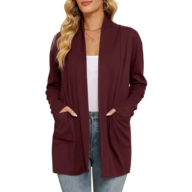 Women's Casual Loose Long Sleeve Pocket Cardigan Wine - Shop at LoveMi